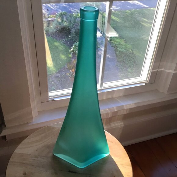 Pair VTG Asymmetrical Conical Frosted Glass Vases Red Teal Numbered Stamped 14" - Picture 4 of 10
